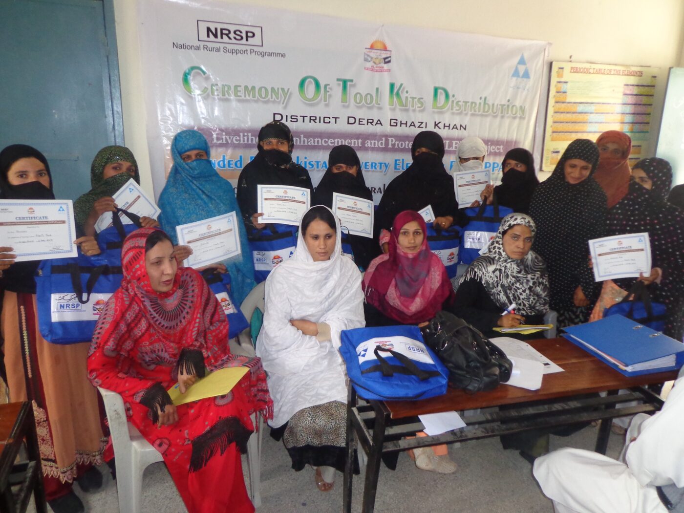 Women trainees displaying certificates and vocational kits