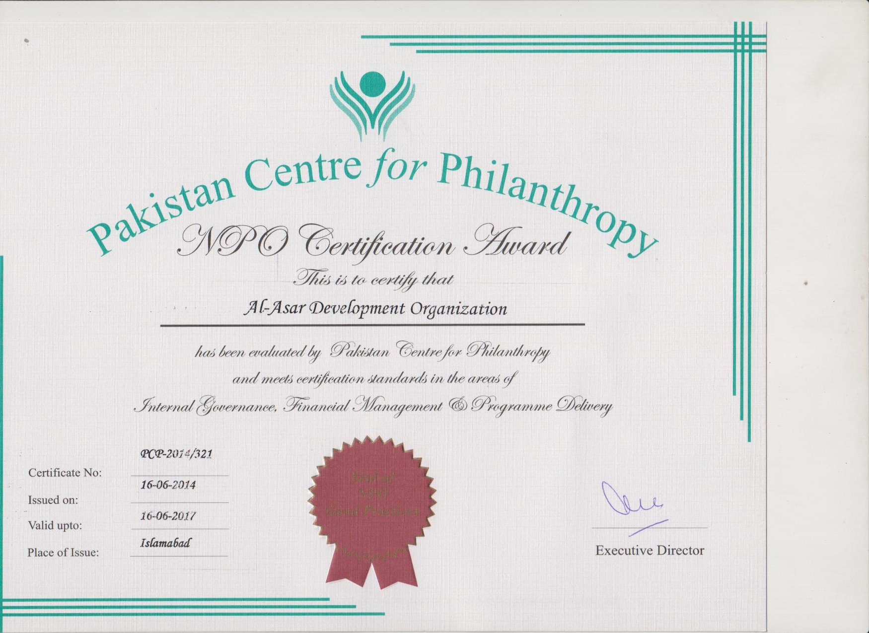 Historic Pakistan Centre for Philanthropy certification awarded to Al-Asar Development Organization